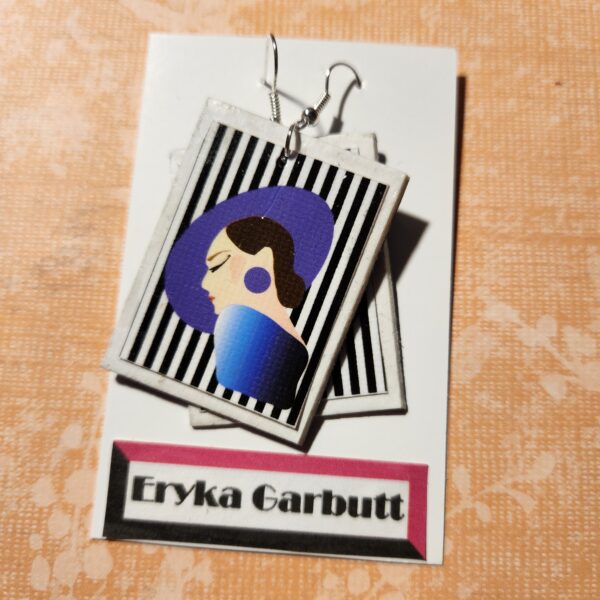 Dangle earring, Art deco lady purple hat