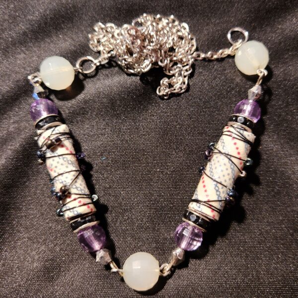 Necklace, beaded, wire wrappd fabic beads, boho, gypsy beads