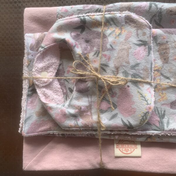 100% cotton Australian themed bunny rug and matching bib and burp cloth