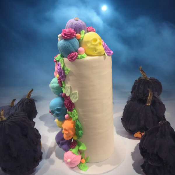 Whimsical Pastel Skull & Pumpkin Faux Cake – Halloween Decor Display, 5x12 Inch Handcrafted Prop