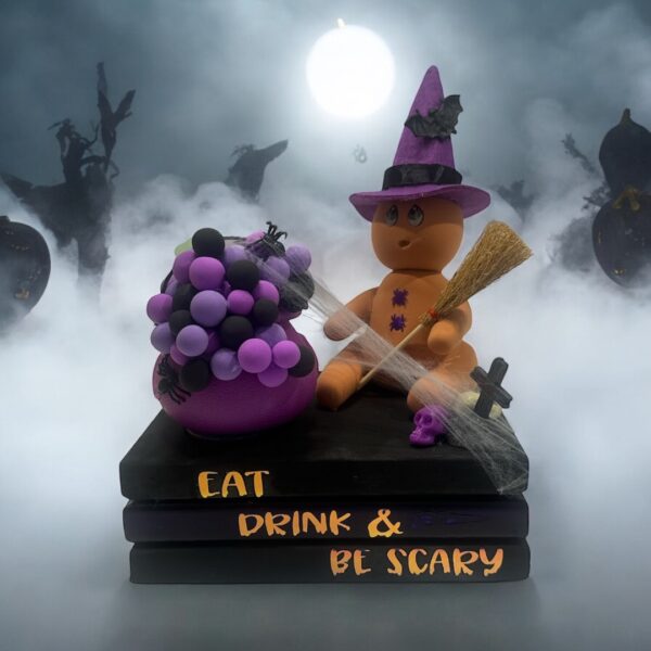 Halloween Faux Gingerbread Witch with Bubbling Cauldron - Whimsical Halloween Decor