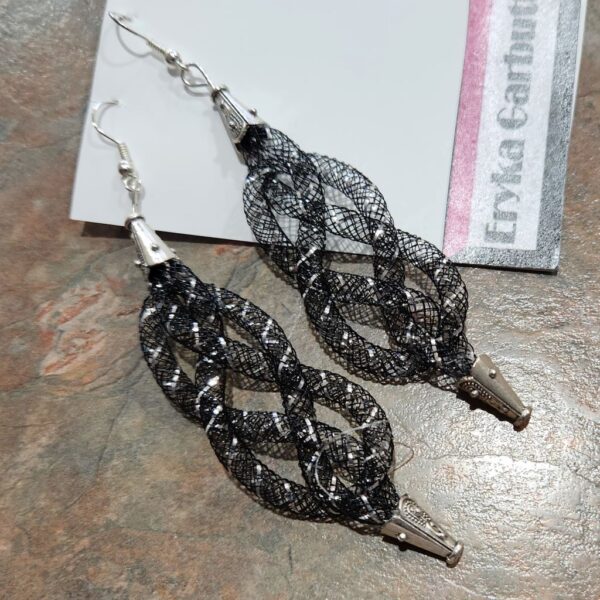 Celtic black dangle earring. Nylon mesh with silver thread.