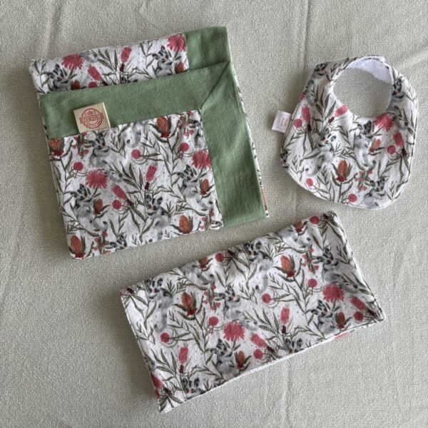 100% cotton Australian themed bunny rug and matching bib and burp cloth